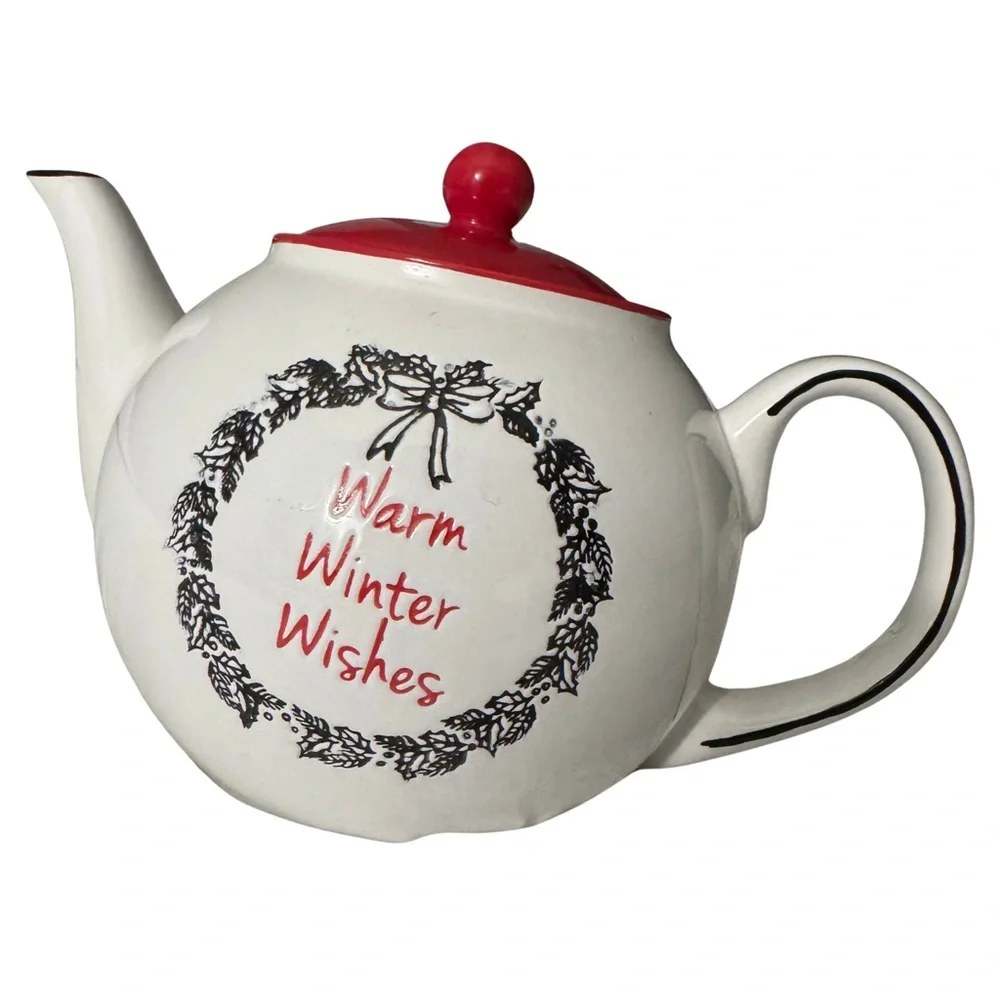 Festive‎ Winter Teapot - Warm Wishes Red Lid - New, No Defects!